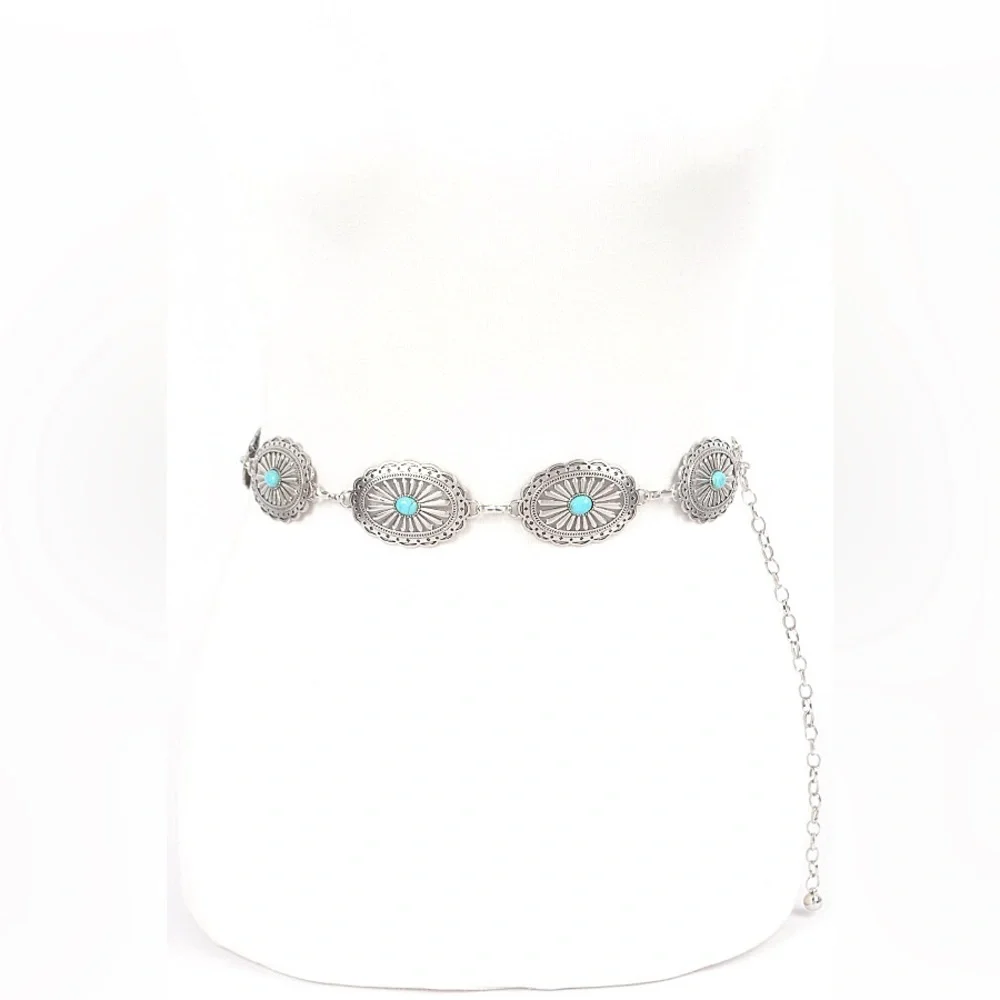 Turquoise & Silver Western Adjustable Chain Statement Belt